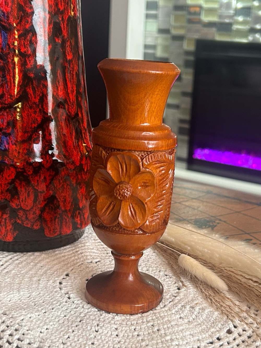Vintage Hand Carved Wooden Bud Vase | Floral Wood Vase | Turned Pedestal Vase |